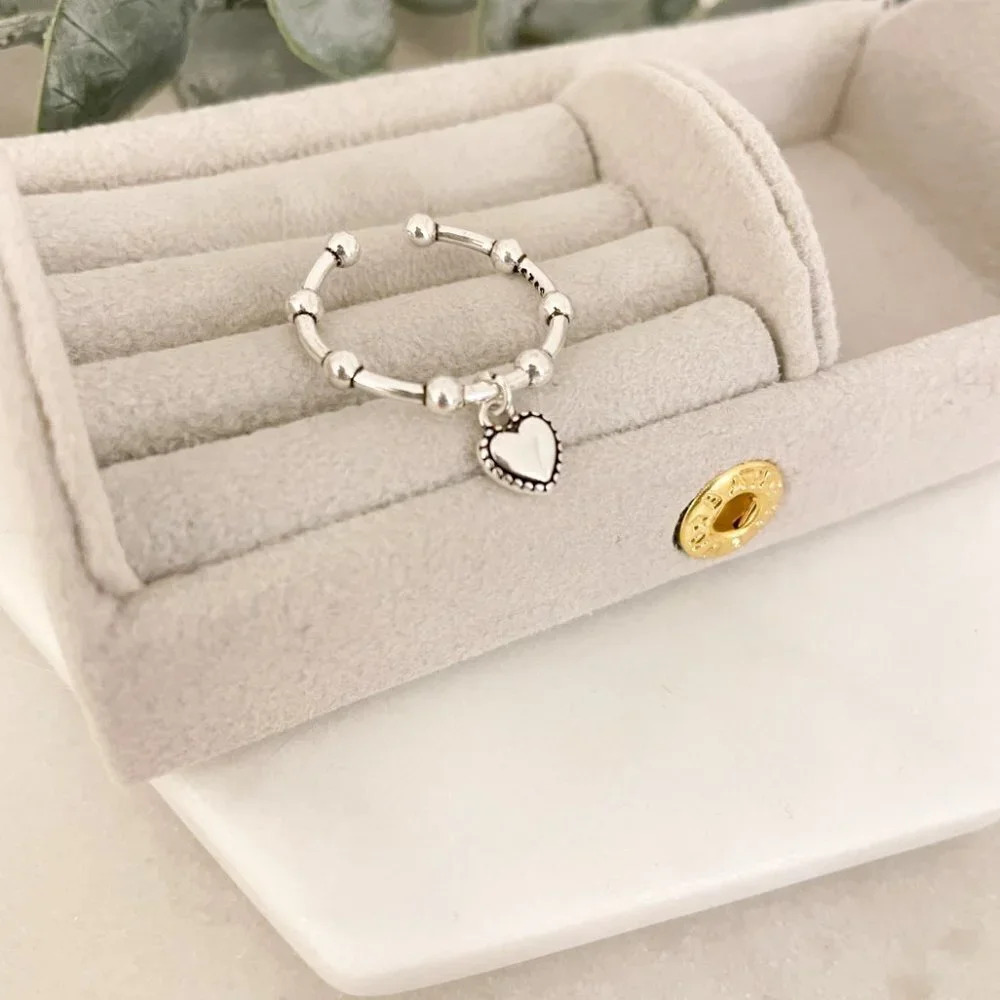 925 Sterling Silver Dangle Heart Ring Dainty Bead… - image 5